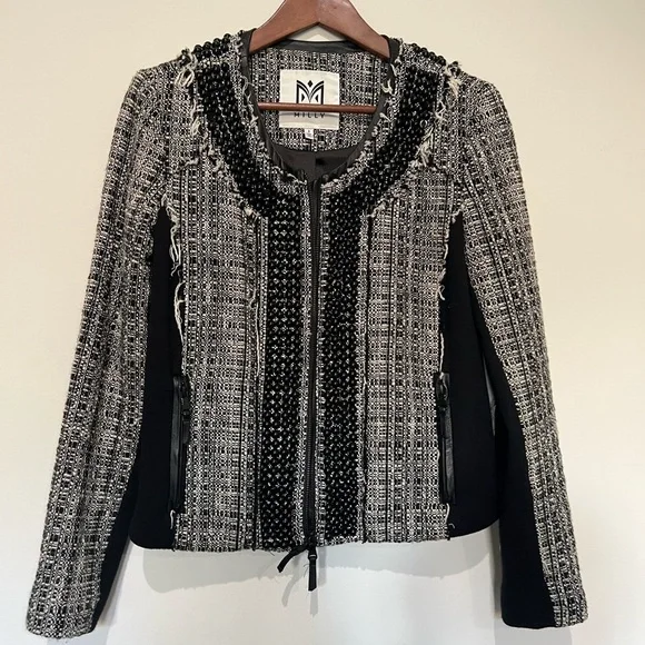 MILLY Studded Leather Trim Tweed Jacket 8 Black White​ - Picture 2 of 10